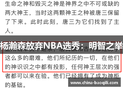 杨瀚森放弃NBA选秀：明智之举